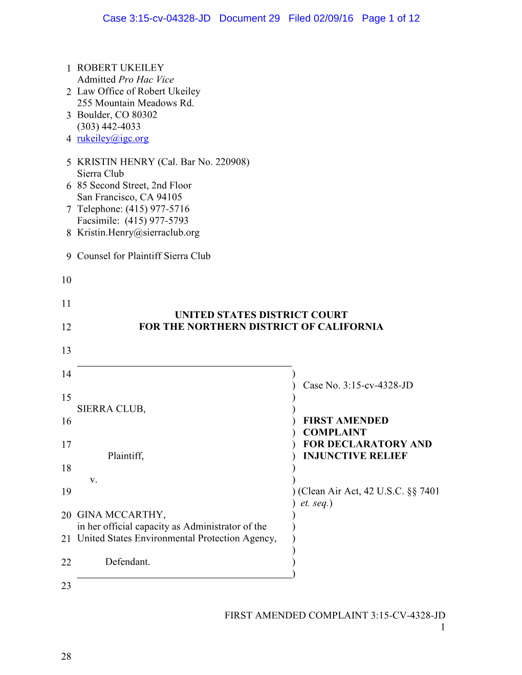 United States District Court 12 for the Northern District of California