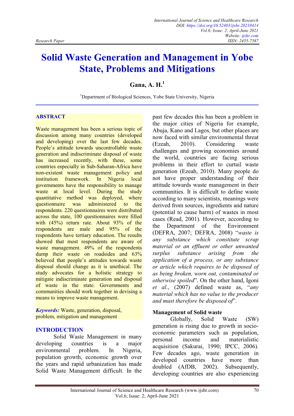 Solid Waste Generation and Management in Yobe State, Problems and Mitigations