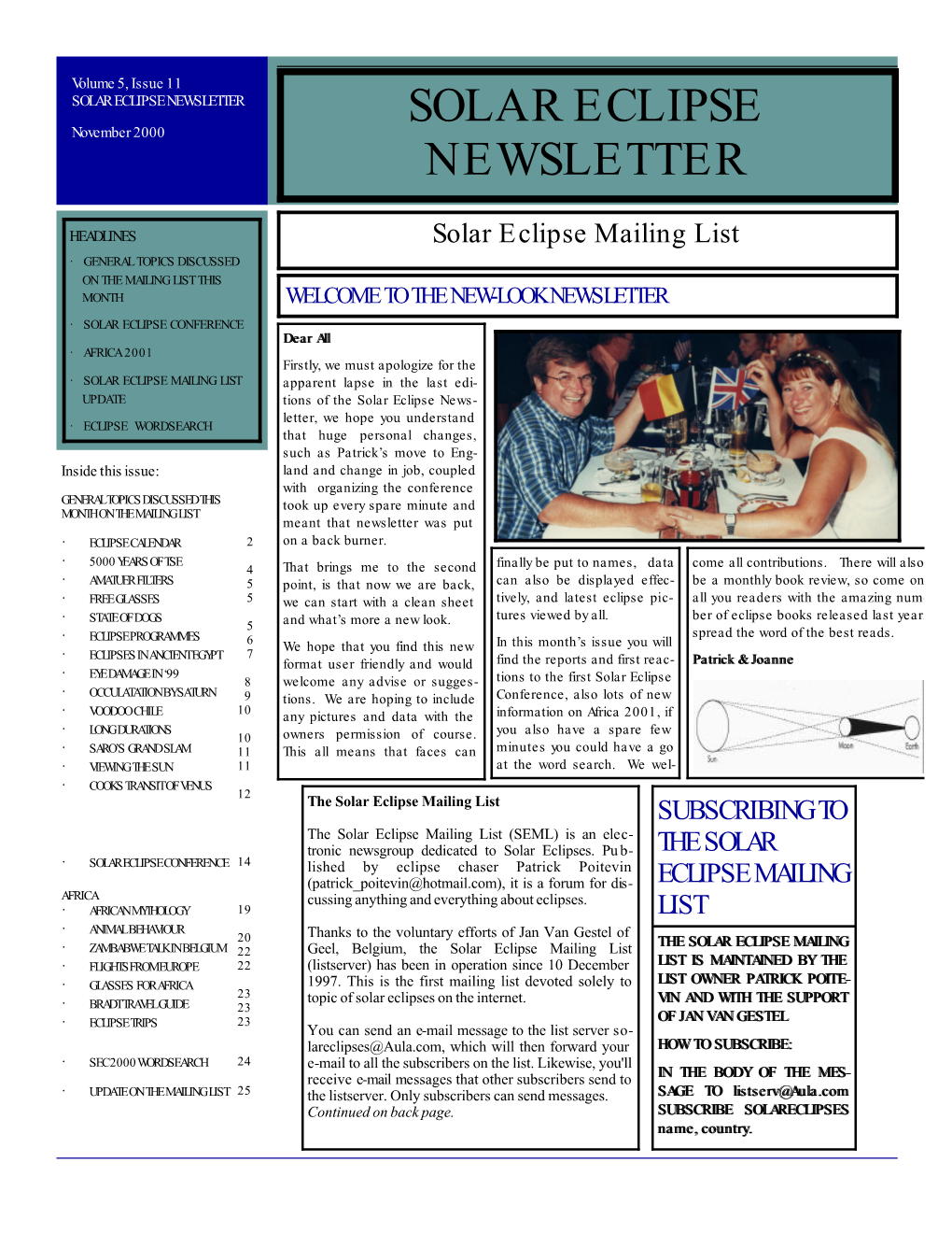 SOLAR ECLIPSE NEWSLETTER SOLAR ECLIPSE November 2000 NEWSLETTER