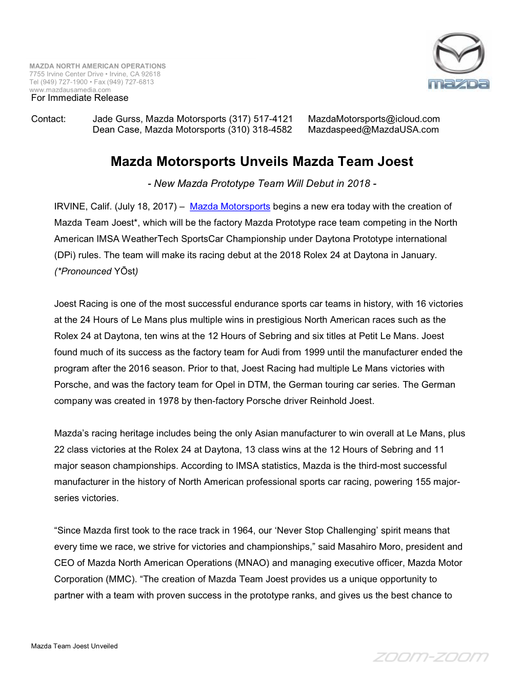 Mazda Motorsports Unveils Mazda Team Joest