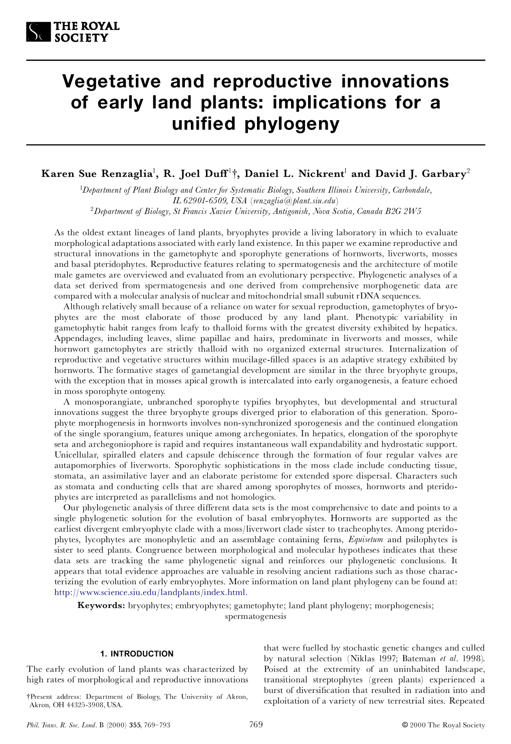 Vegetative and Reproductive Innovations of Early Land Plants K.S.Renzaglia and Others 771