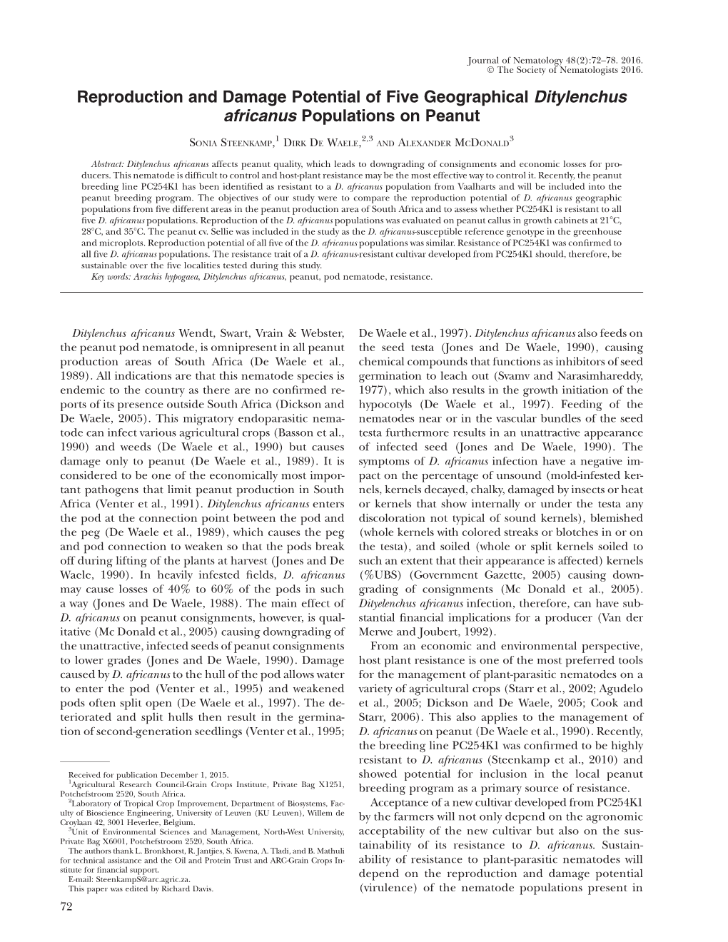 Reproduction and Damage Potential of Five Geographical Ditylenchus Africanus Populations on Peanut