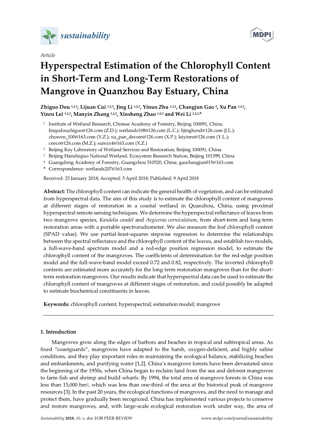 Hyperspectral Estimation of the Chlorophyll Content in Short-Term and Long-Term Restorations of Mangrove in Quanzhou Bay Estuary, China