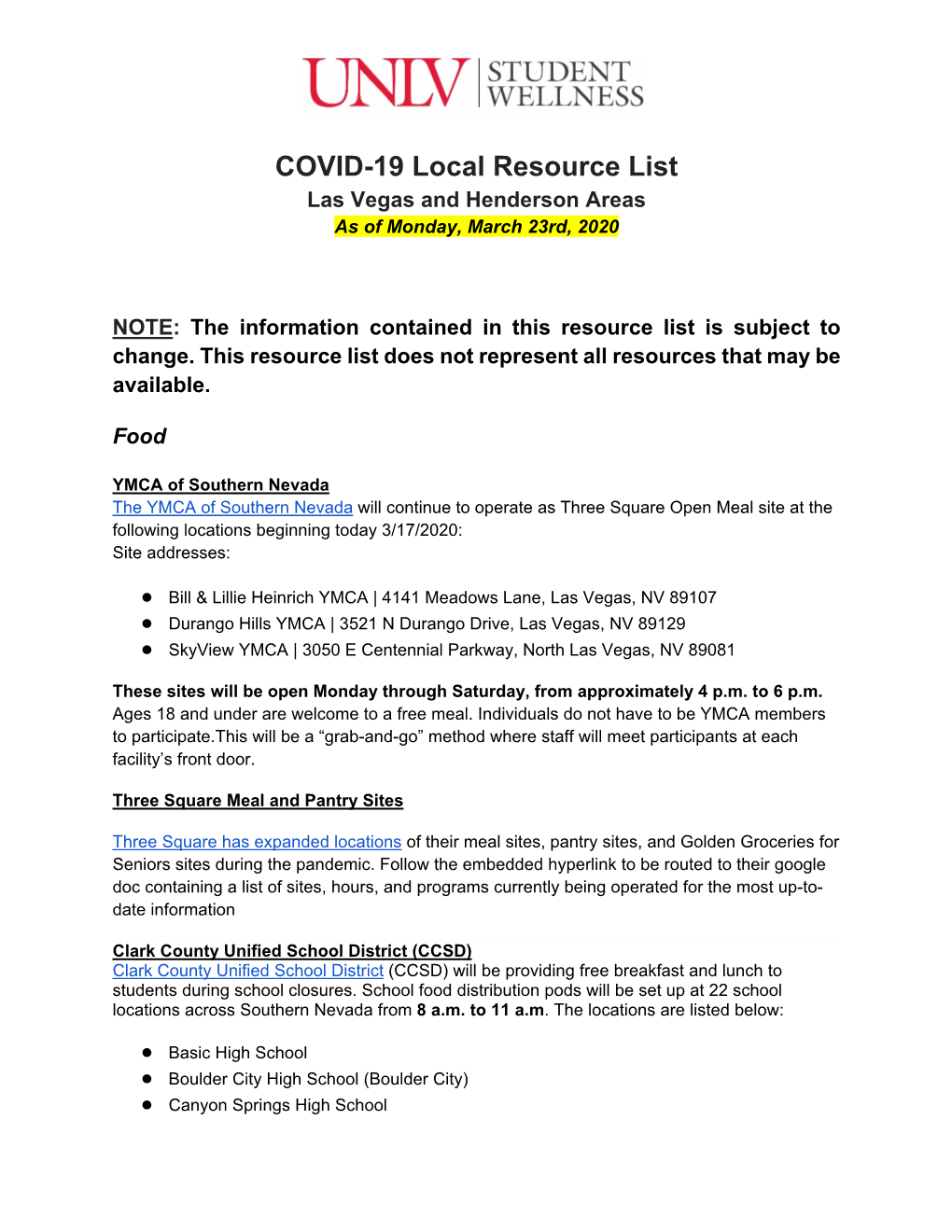 COVID-19 Local Resource List Las Vegas and Henderson Areas As of Monday, March 23Rd, 2020