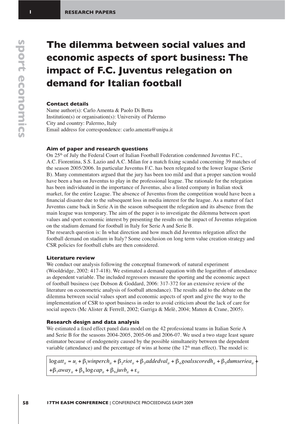 The Impact of F.C. Juventus Relegation on Demand for Italian Football