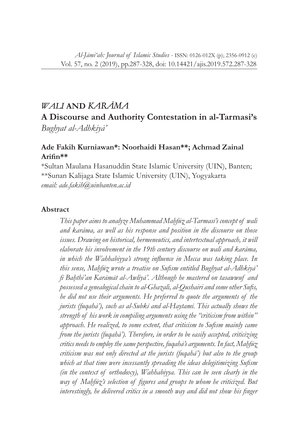 WALI and KARĀMA a Discourse and Authority Contestation in Al-Tarmasi’S Bughyat Al-Adhkiyā’