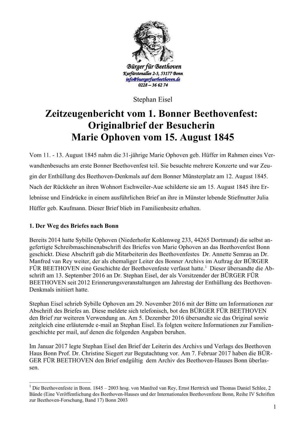 Originalbrief Der Besucherin Marie Ophoven Vom 15. August 1845