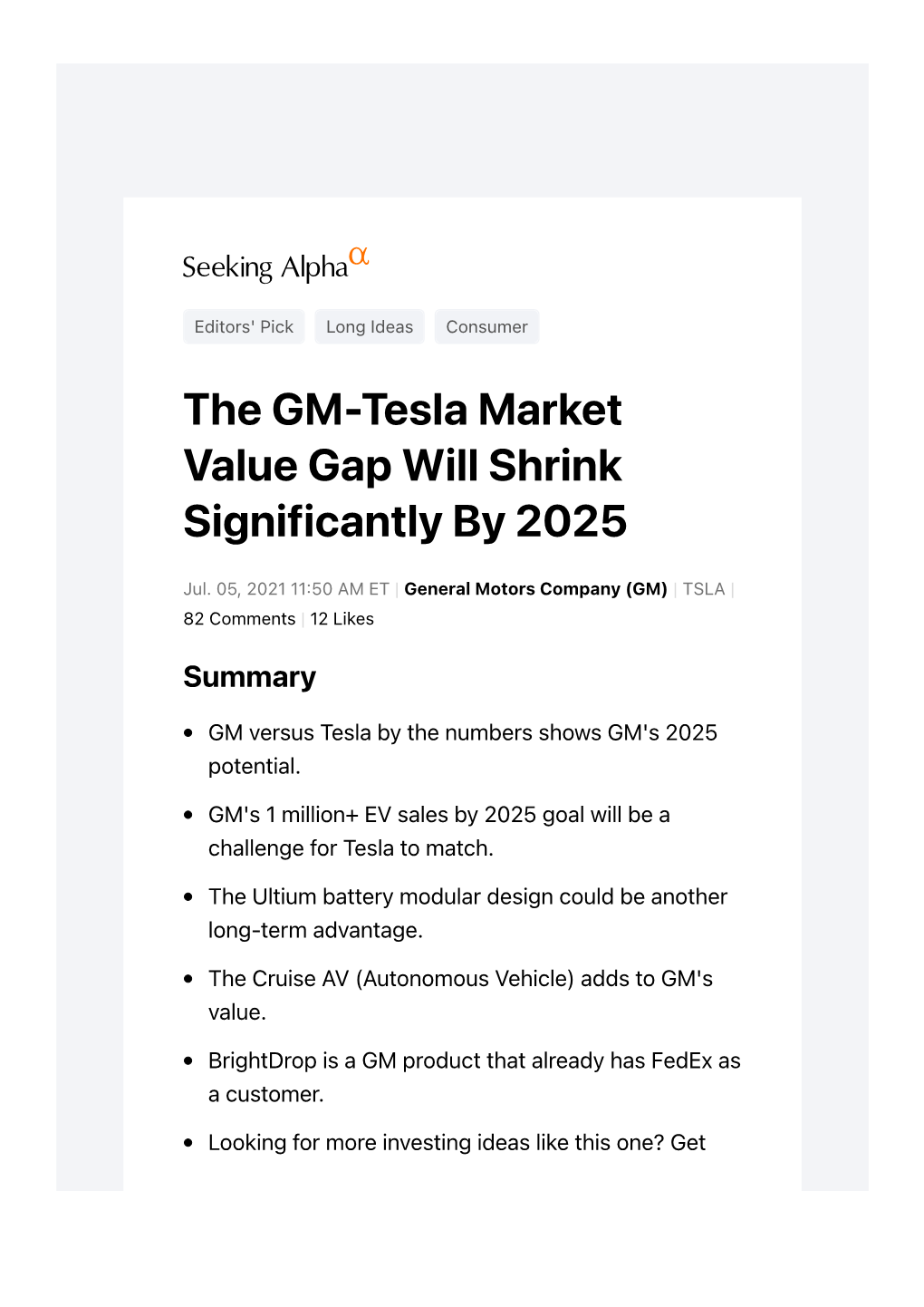 GM Vs. Tesla Before in August of 2020 "GM Vs