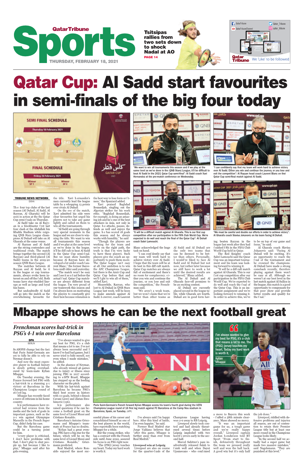 Al Sadd Start Favourites in Semi-Finals of the Big Four Today