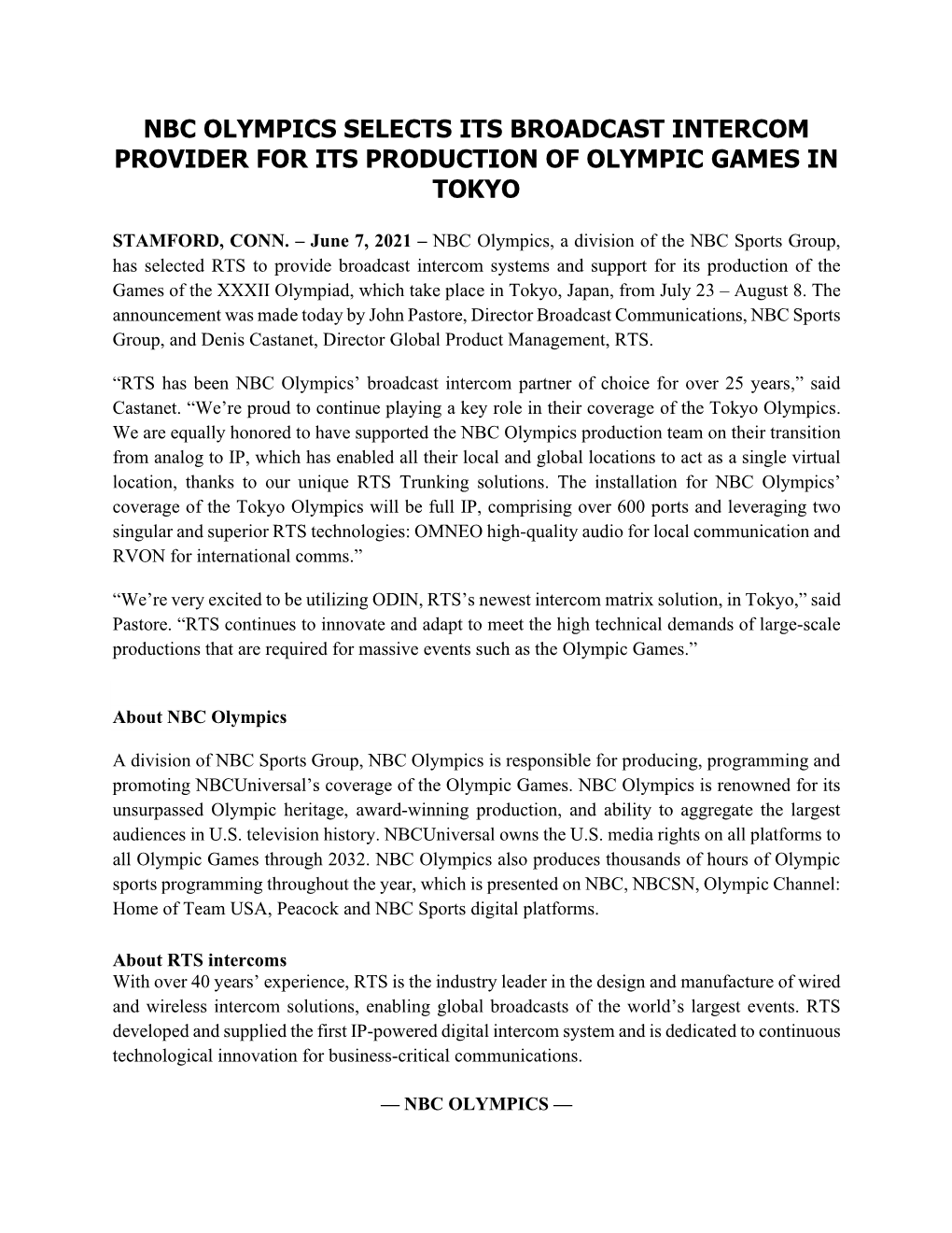 Nbc Olympics Selects Its Broadcast Intercom Provider for Its Production of Olympic Games in Tokyo