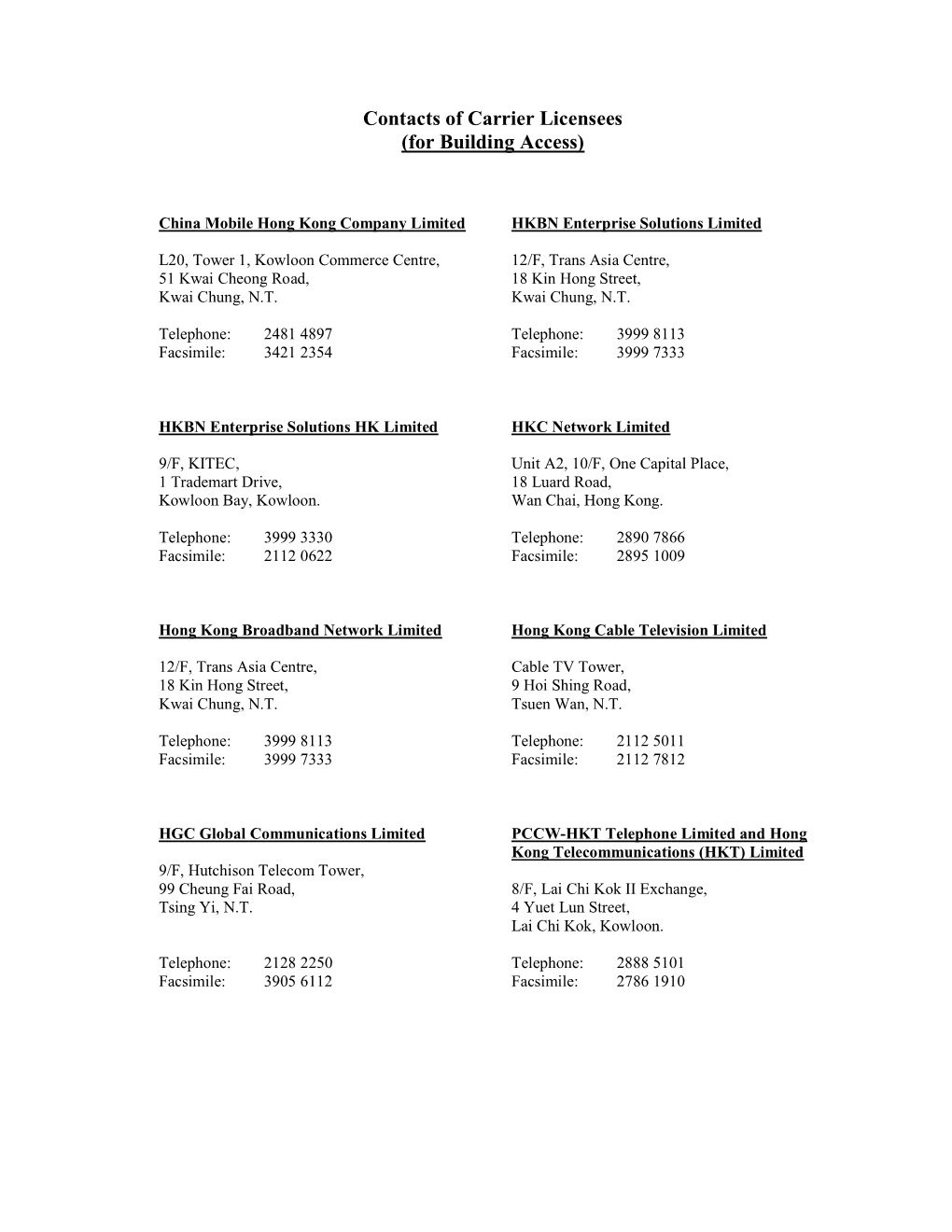 Contacts of Carrier Licensees (For Building Access)