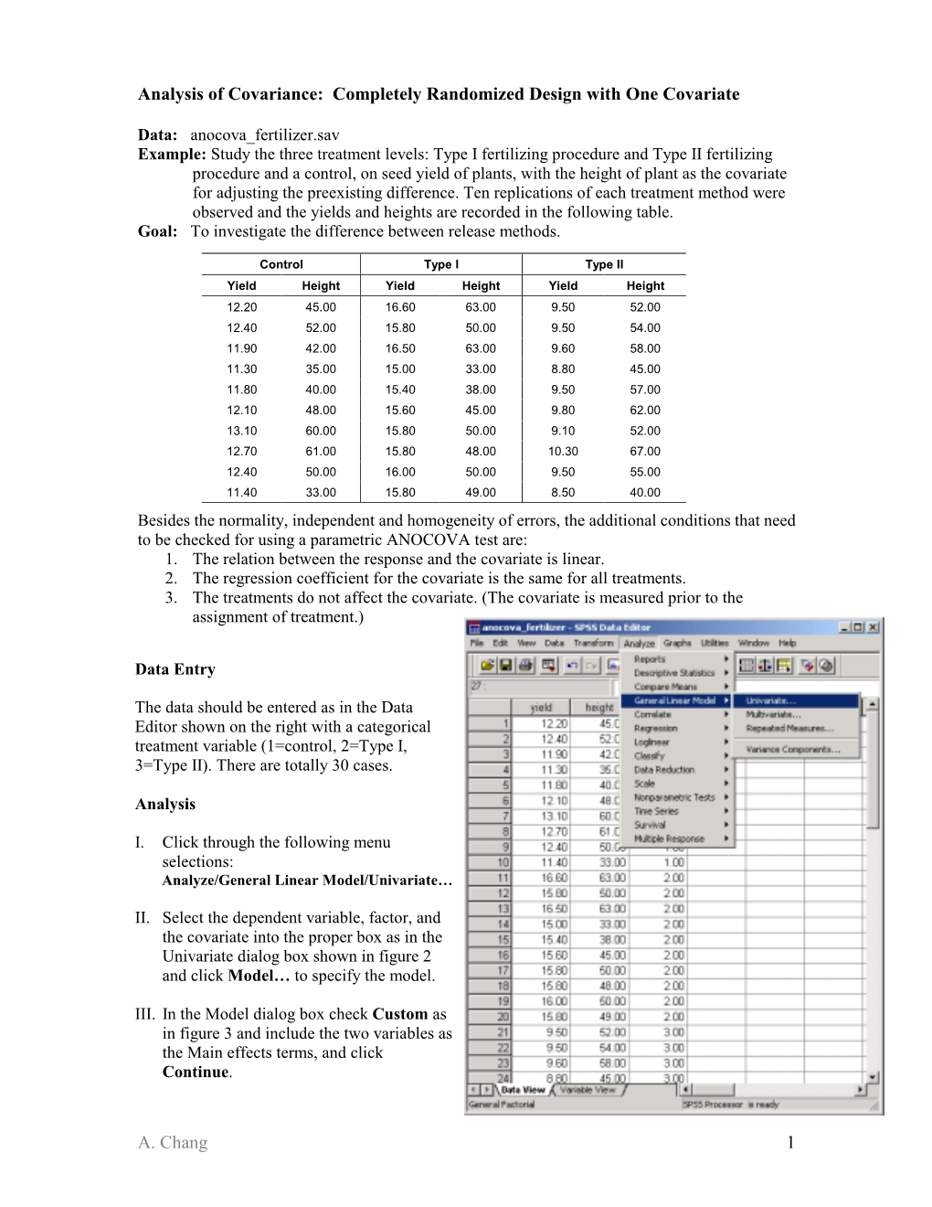 A. Chang 1 Analysis of Covariance: Completely Randomized Design