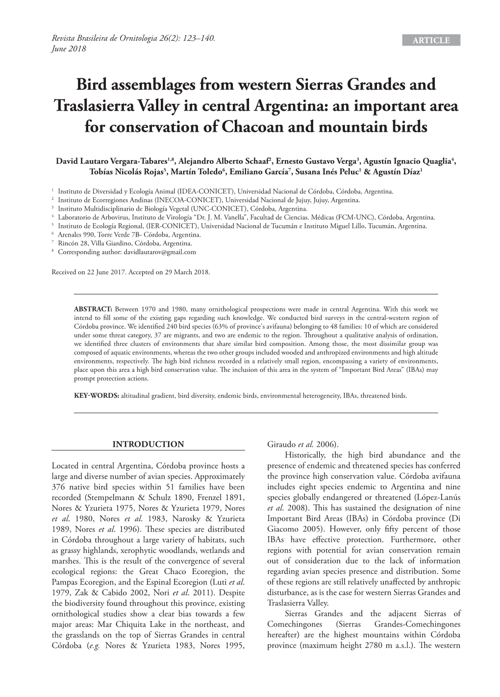 Bird Assemblages from Western Sierras Grandes and Traslasierra Valley in Central Argentina: an Important Area for Conservation of Chacoan and Mountain Birds