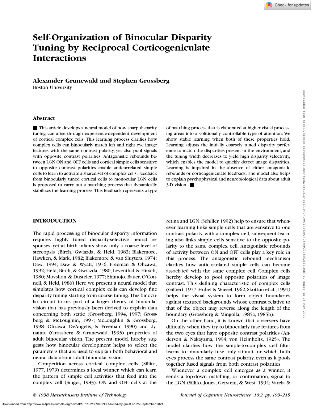 Self-Organization of Binocular Disparity Tuning by Reciprocal Corticogeniculate Interactions