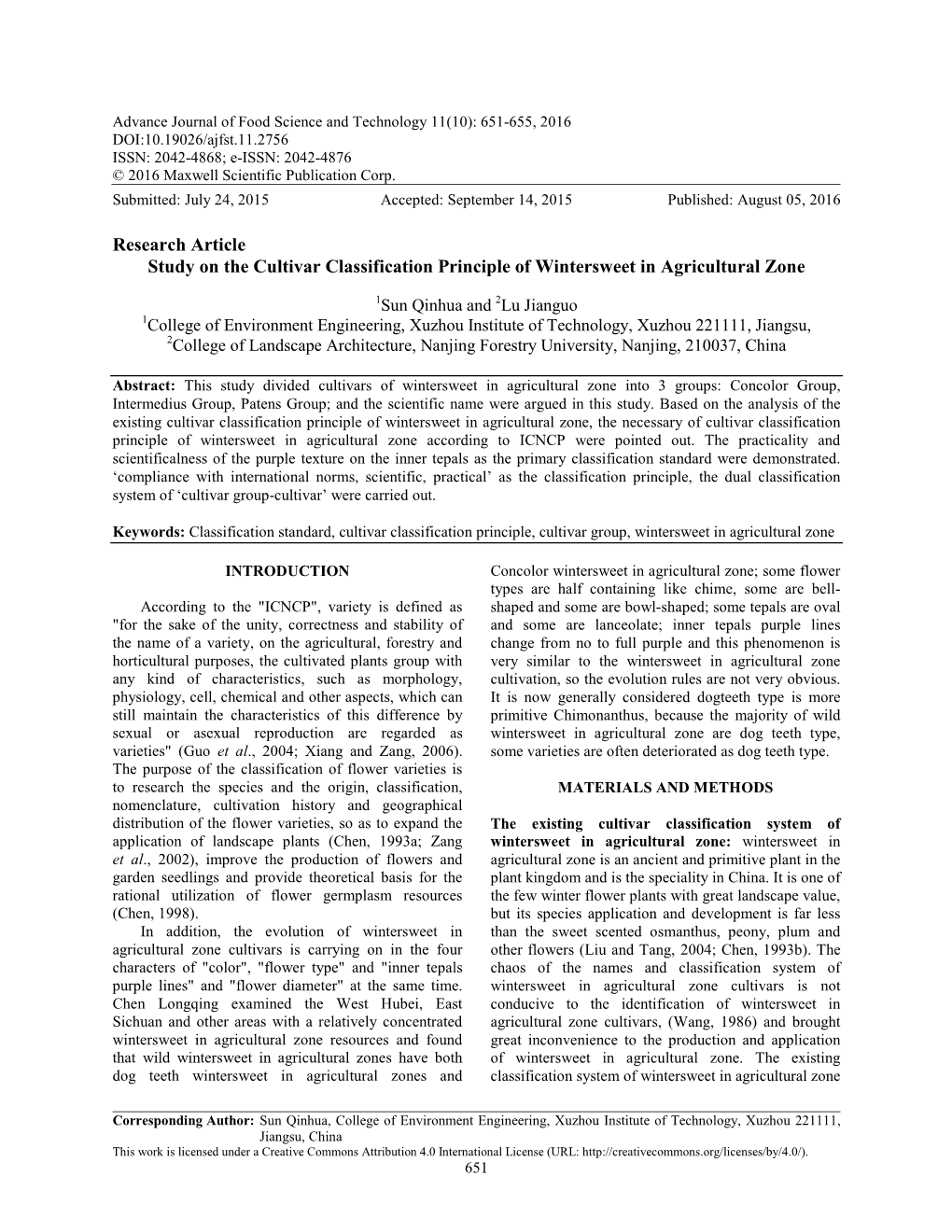 Research Article Study on the Cultivar Classification Principle of Wintersweet in Agricultural Zone