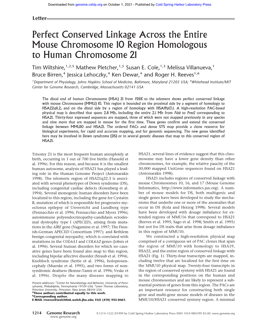 Perfect Conserved Linkage Across the Entire Mouse Chromosome 10 Region Homologous to Human Chromosome 21