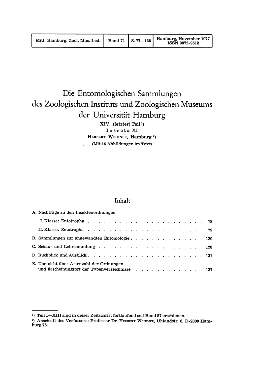 Des Zoologischen Instituts Und Zoologischen Museums Der Universität Hamburg