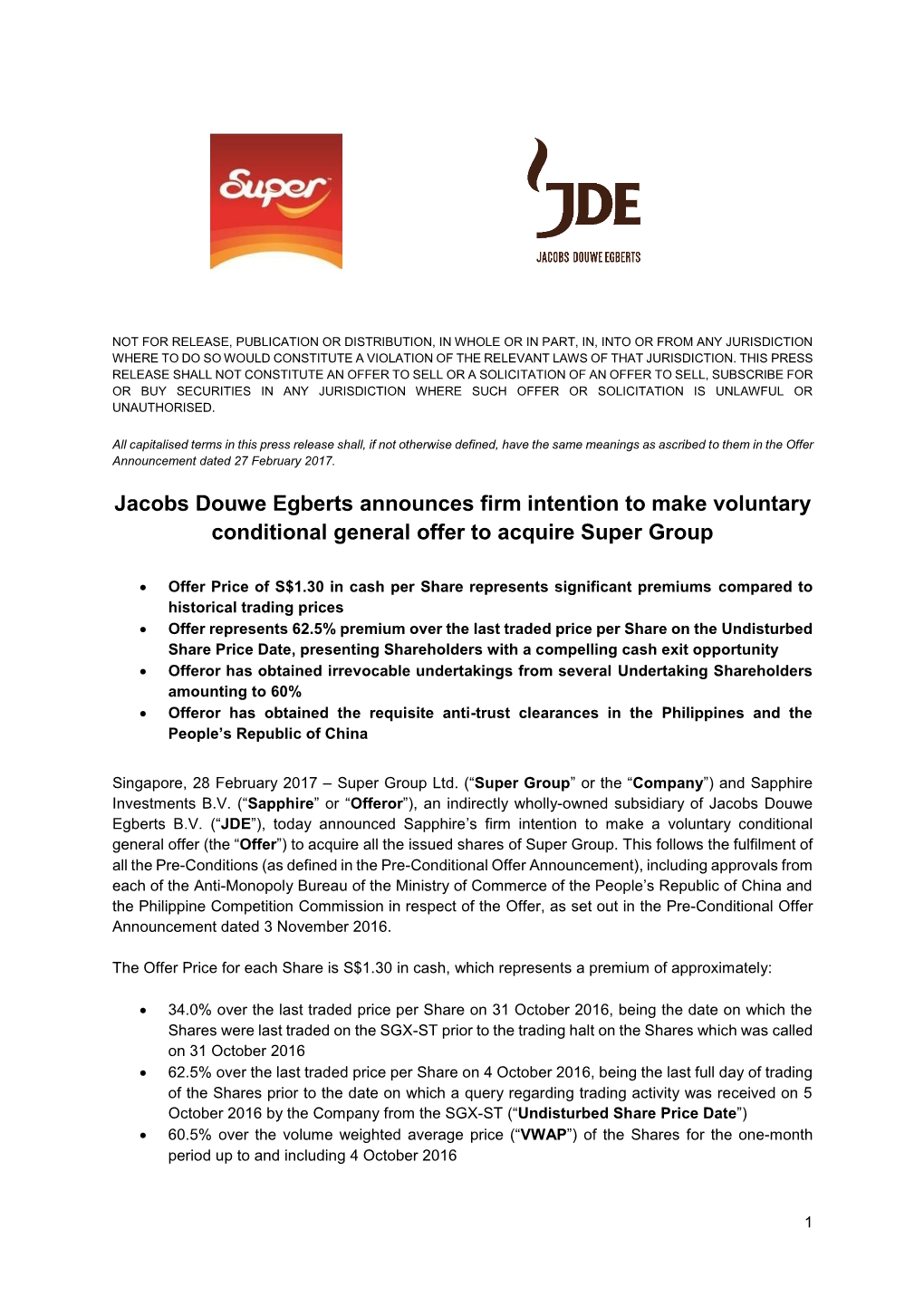 Press Release JDE Super Group Acquisition