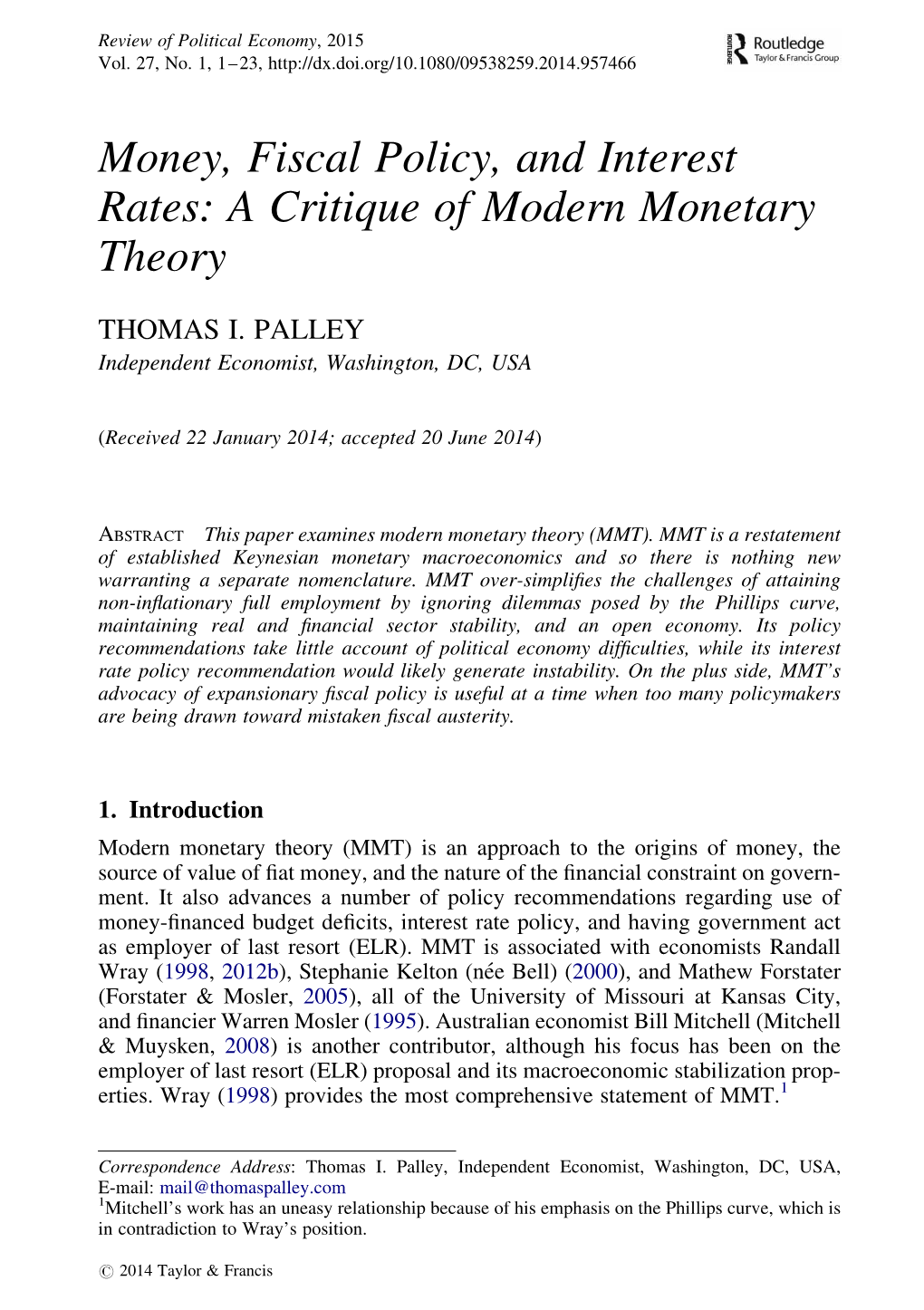 Money, Fiscal Policy, and Interest Rates: a Critique of Modern Monetary Theory