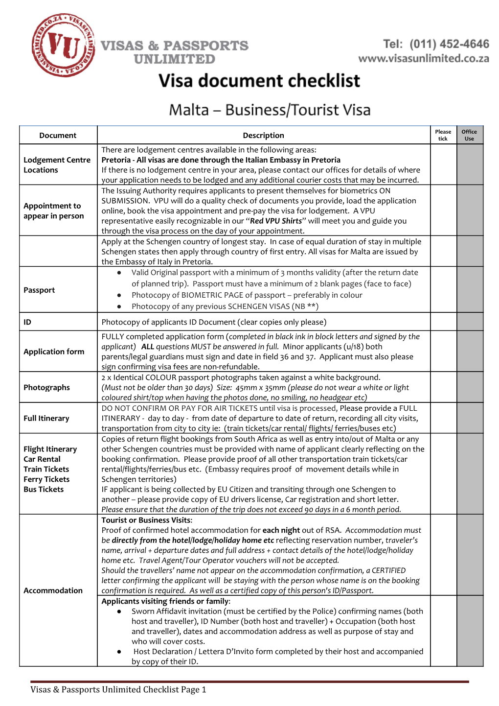 Visas & Passports Unlimited Checklist Page 1