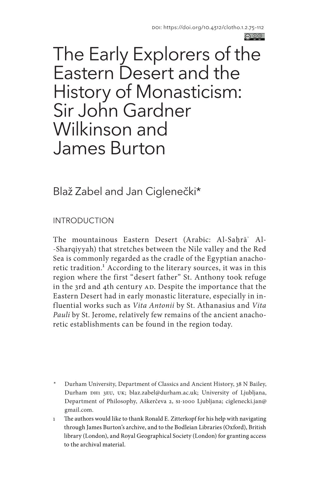 The Early Explorers of the Eastern Desert and the History of Monasticism: Sir John Gardner Wilkinson and James Burton