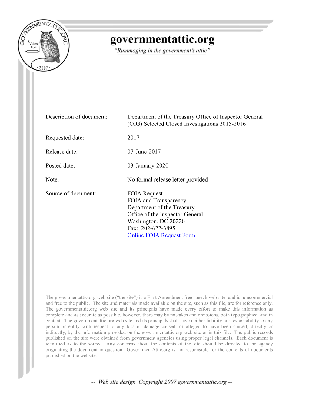 Department of the Treasury Office of Inspector General (OIG) Selected Closed Investigations 2015-2016