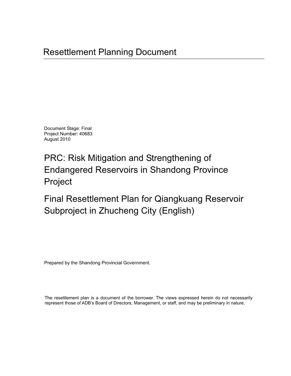 PRC: Risk Mitigation and Strengthening of Endangered Reservoirs in Shandong Province Project