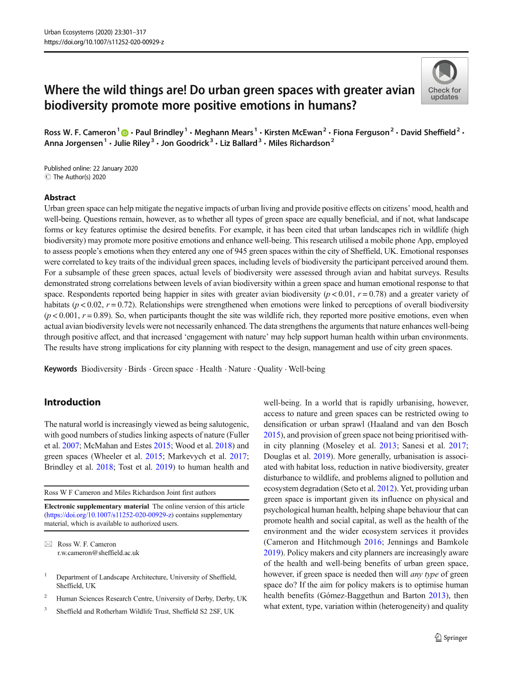 Do Urban Green Spaces with Greater Avian Biodiversity Promote More Positive Emotions in Humans?