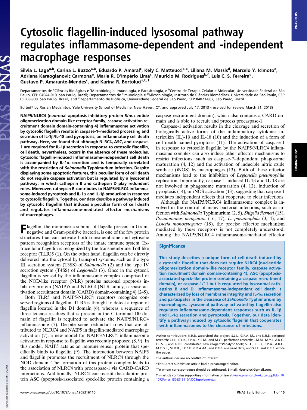 Cytosolic Flagellin-Induced Lysosomal Pathway Regulates Inflammasome