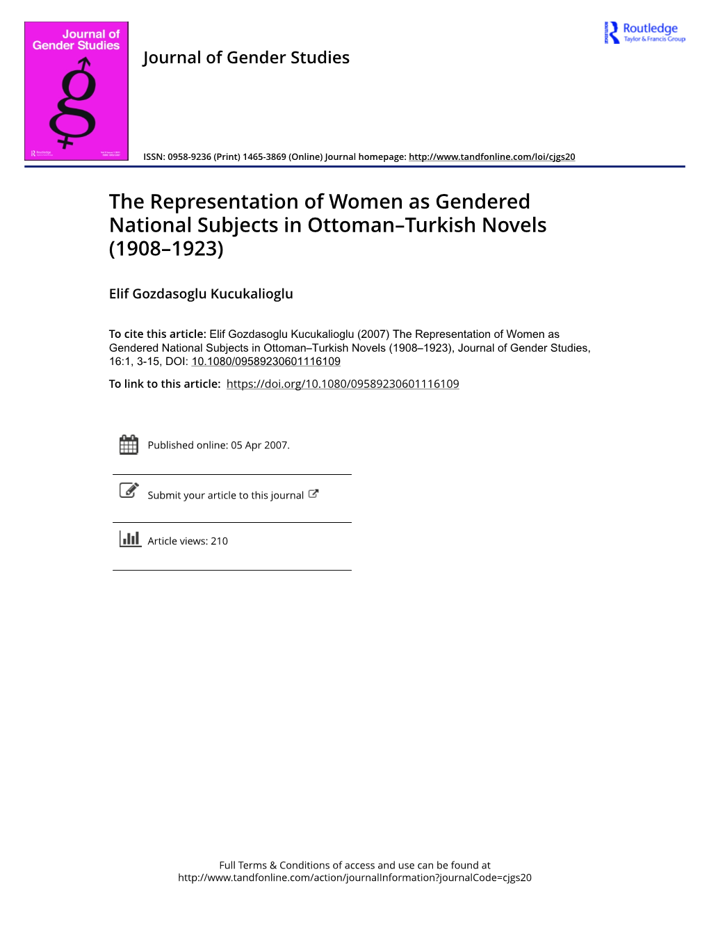 The Representation of Women As Gendered National Subjects in Ottoman–Turkish Novels (1908–1923)