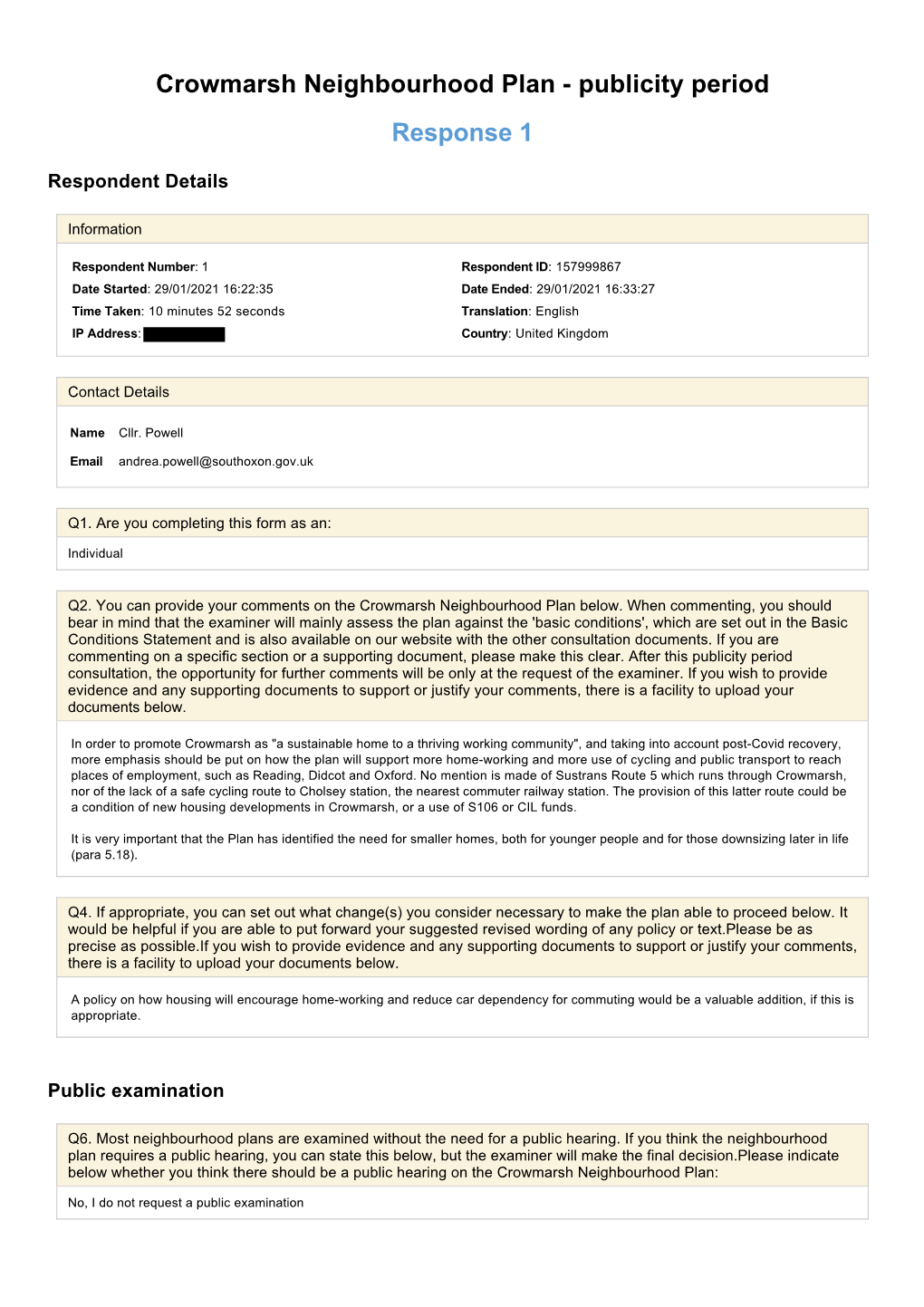 Crowmarsh Neighbourhood Plan Publicity Period Response 1