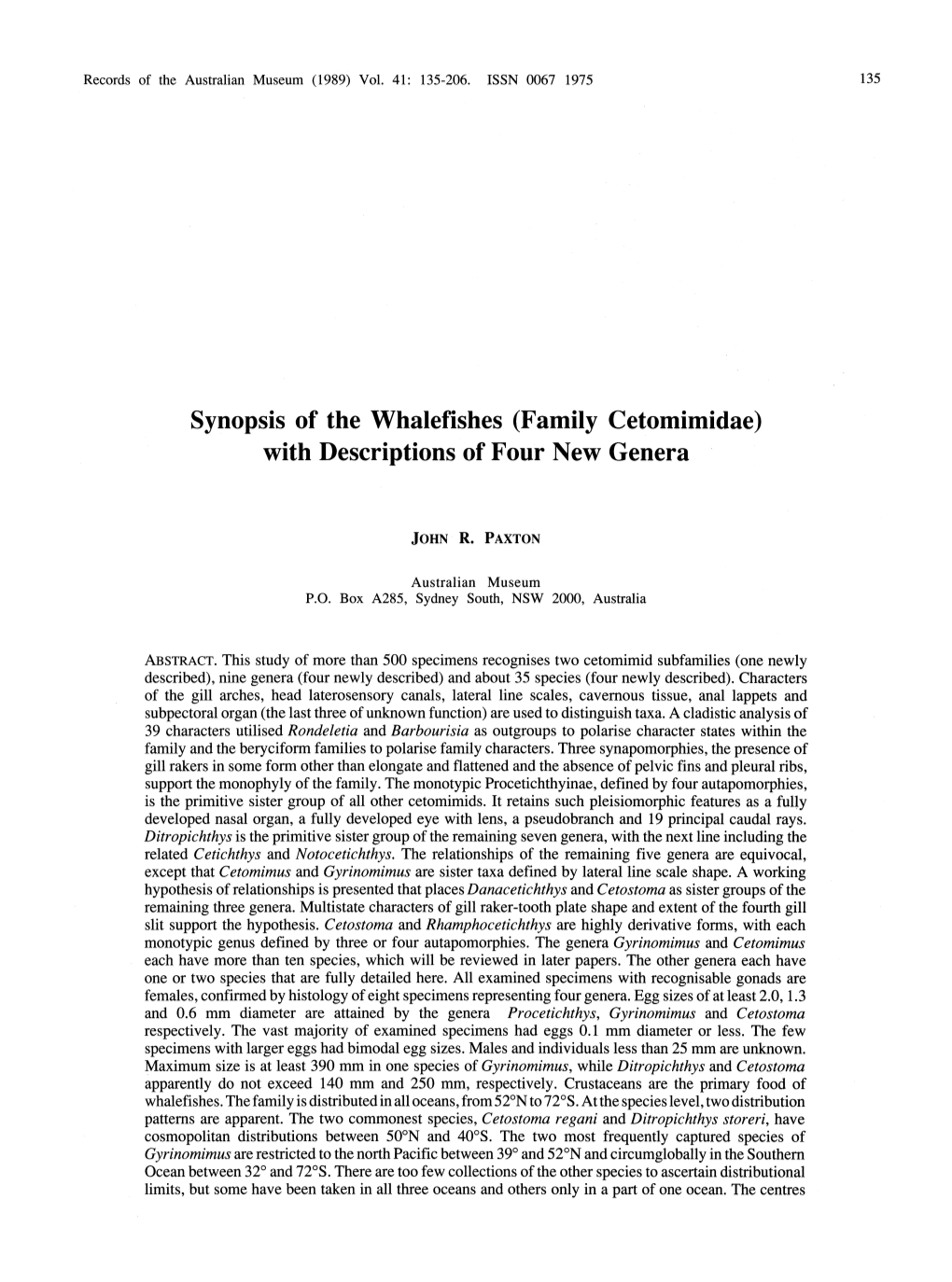 Synopsis of the Whalefishes (Family Cetomimidae) with Descriptions of ...