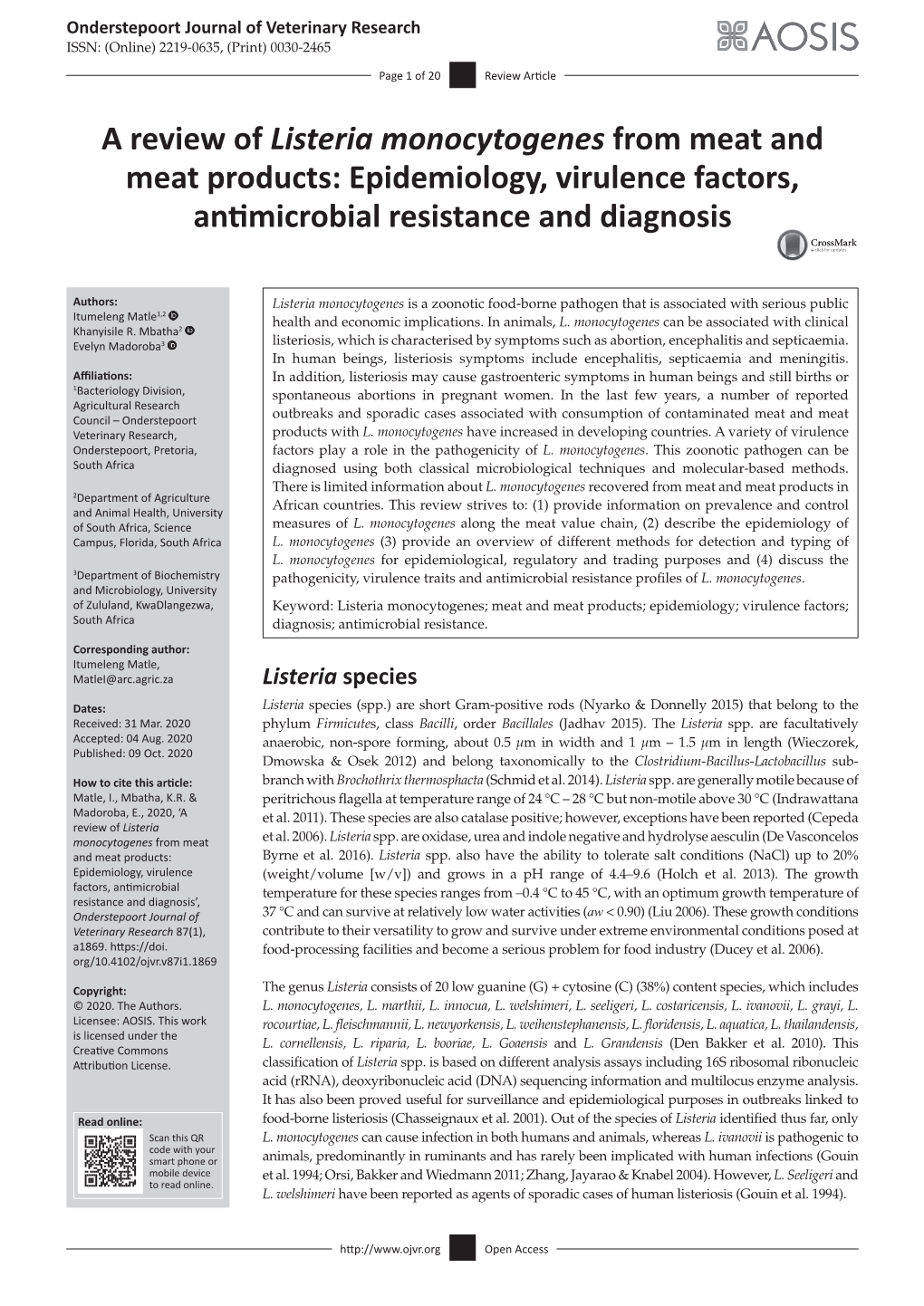 A Review of Listeria Monocytogenes from Meat and Meat Products: Epidemiology, Virulence Factors, Antimicrobial Resistance and Diagnosis
