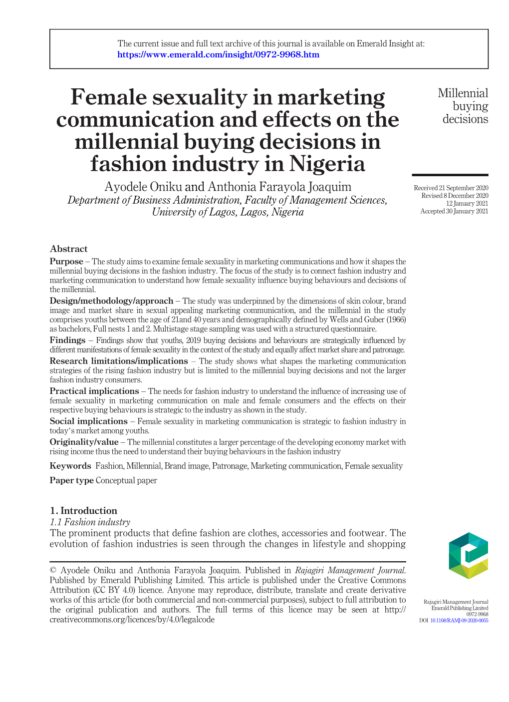 Female Sexuality in Marketing Communication and Effects on the Millennial Buying Decisions in Fashion Industry in Nigeria