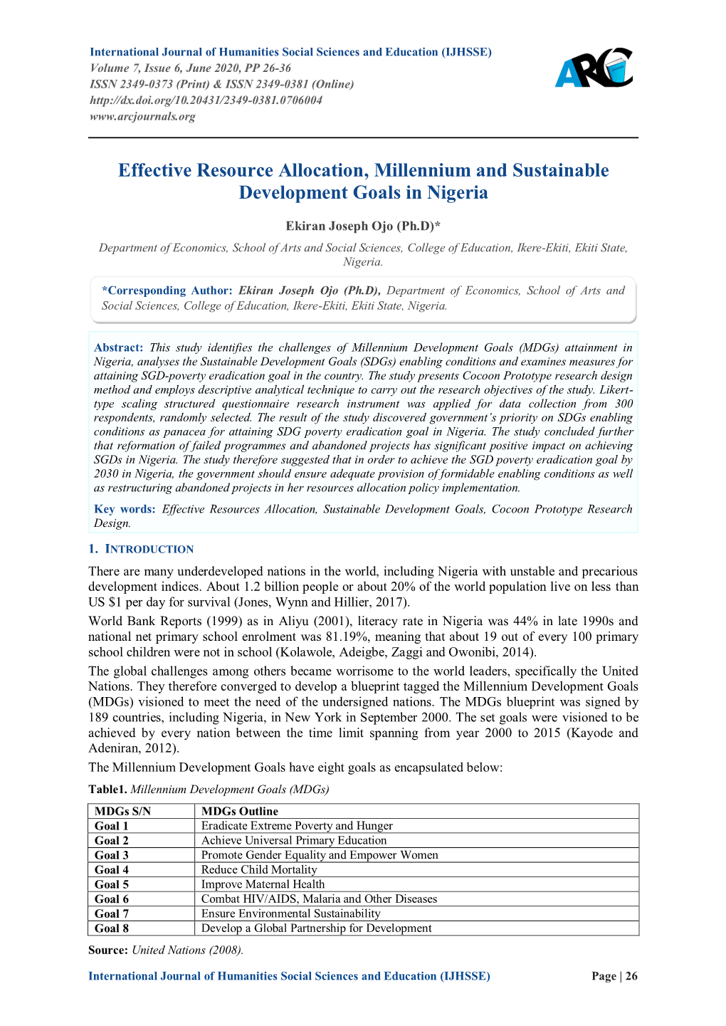 Effective Resource Allocation, Millennium and Sustainable Development Goals in Nigeria