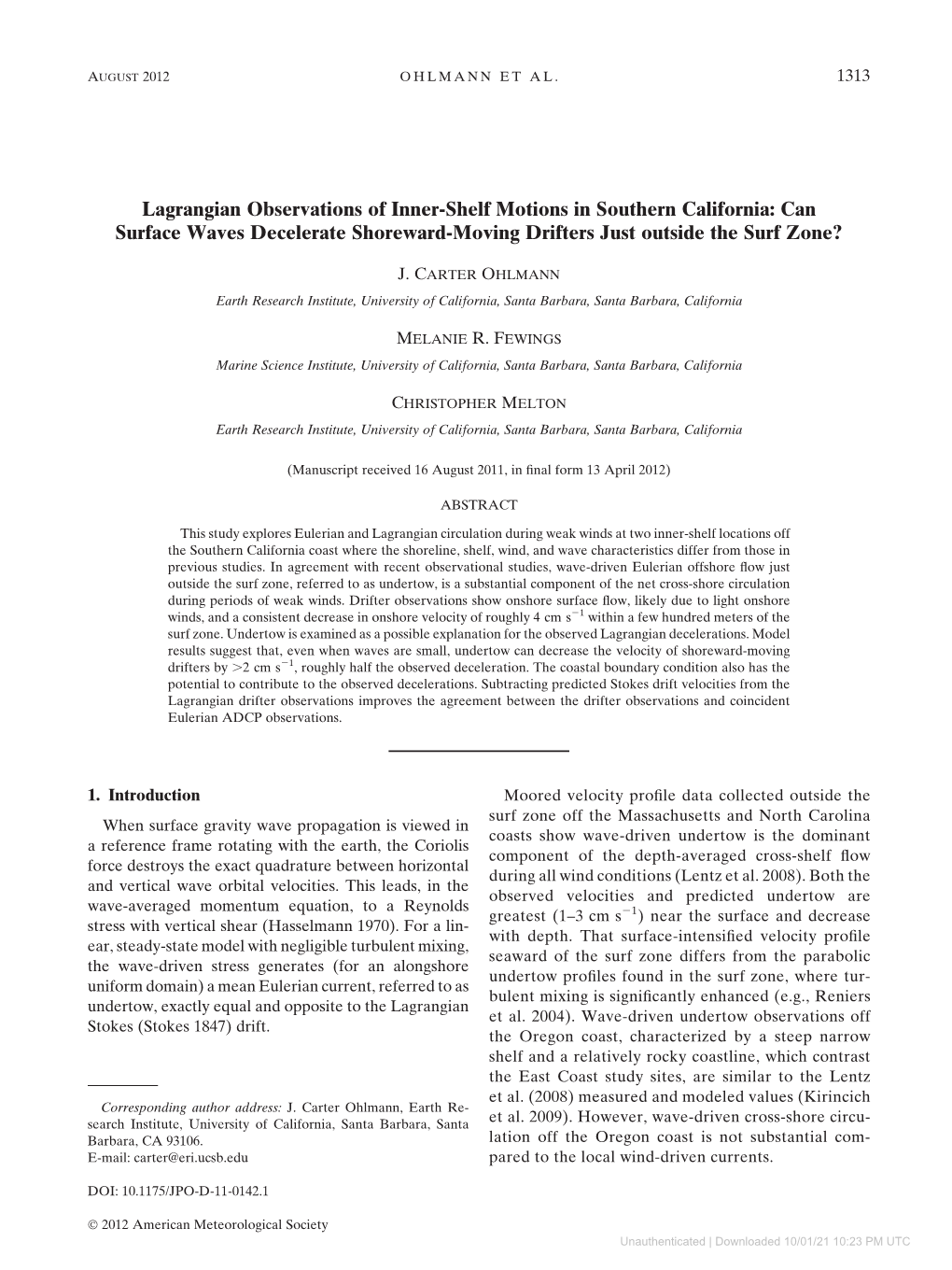 Downloaded 10/01/21 10:23 PM UTC 1314 JOURNAL of PHYSICAL OCEANOGRAPHY VOLUME 42