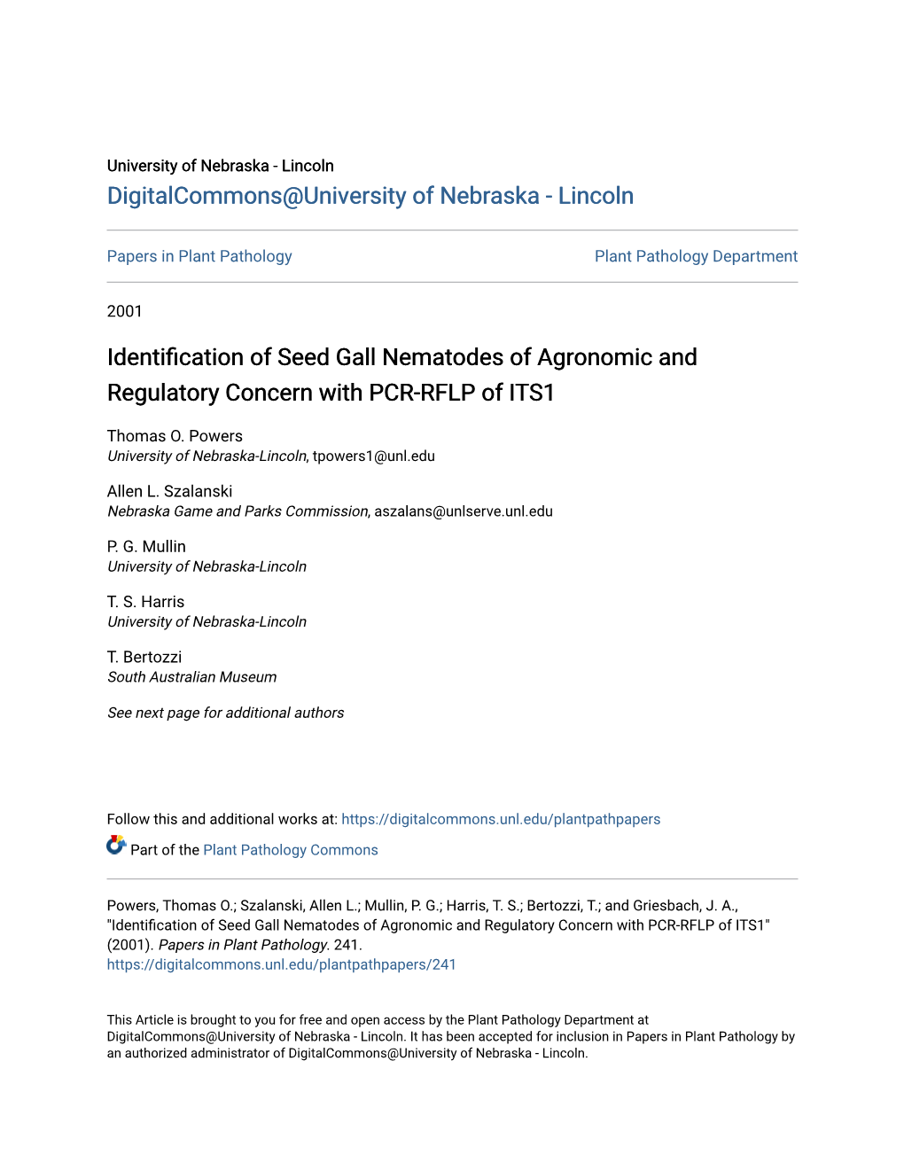 Identification of Seed Gall Nematodes of Agronomic and Regulatory Concern with PCR-RFLP of ITS1