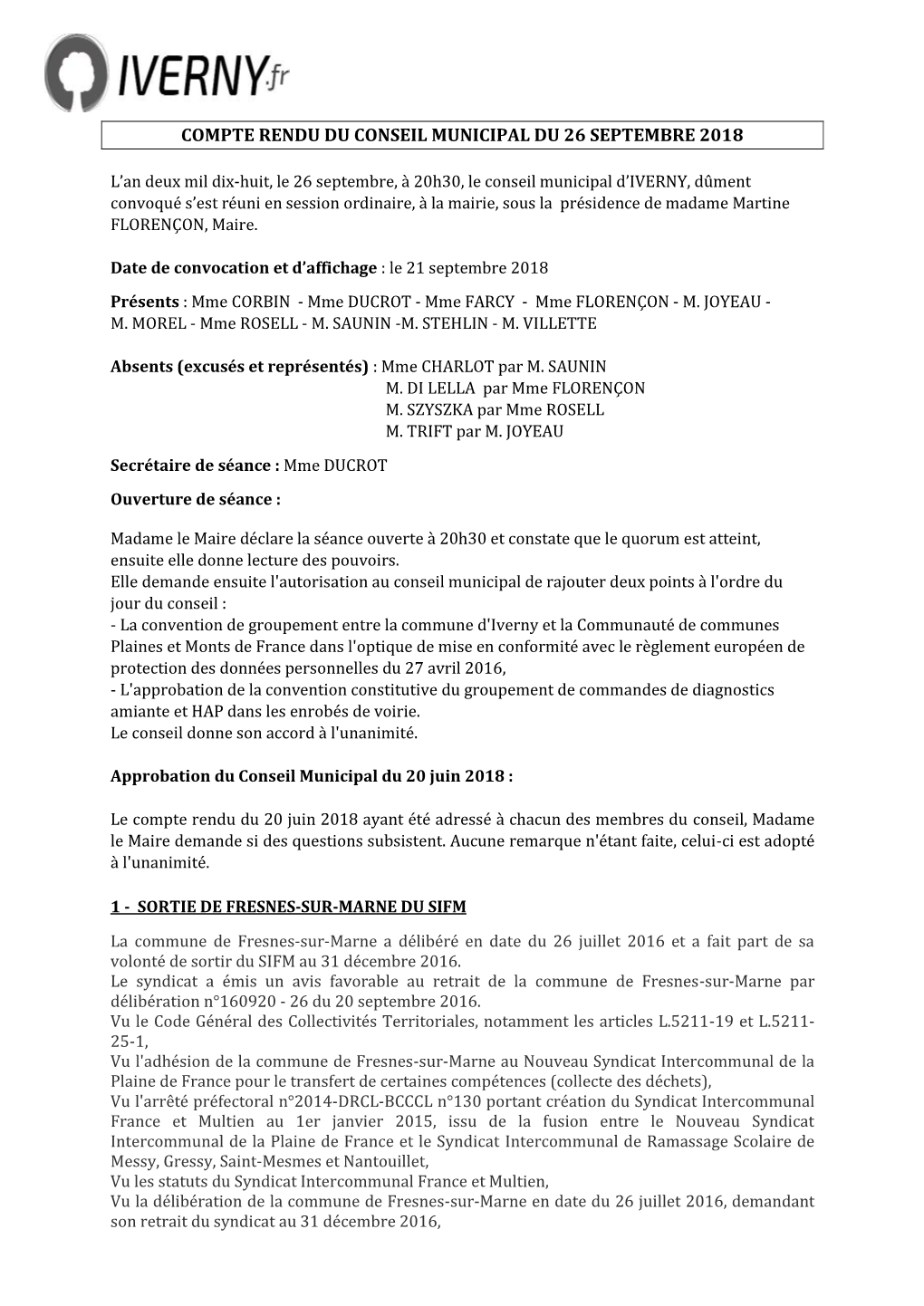 Compte Rendu Du Conseil Municipal Du 26 Septembre 2018