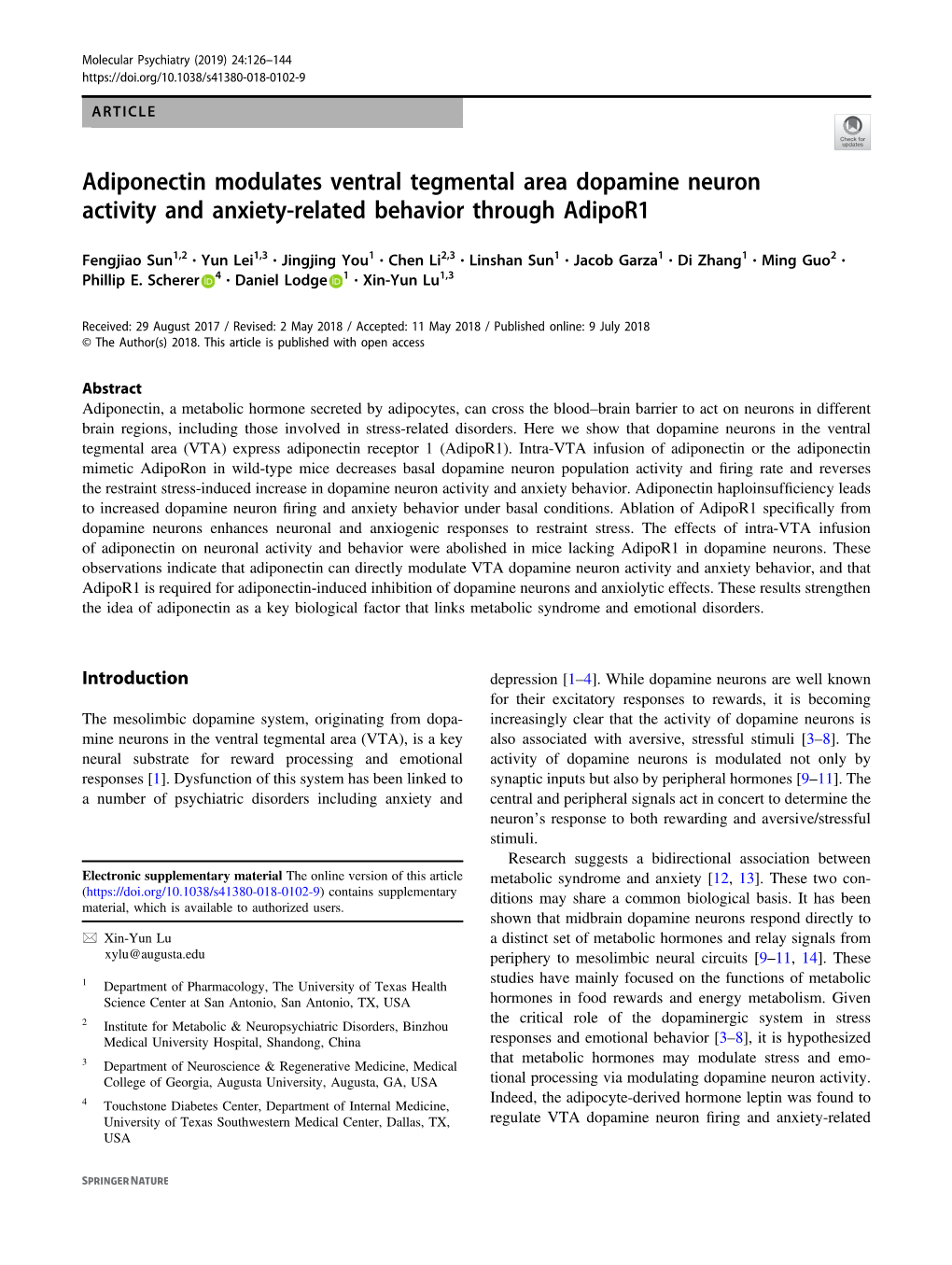 Adiponectin Modulates Ventral Tegmental Area Dopamine Neuron Activity and Anxiety-Related Behavior Through Adipor1