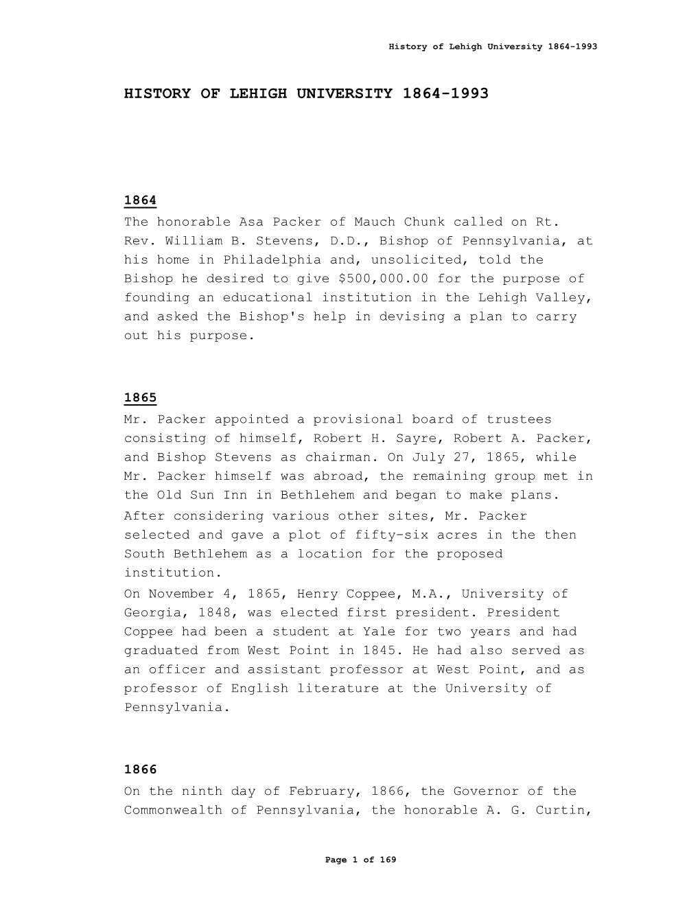 Lehigh History Chronology