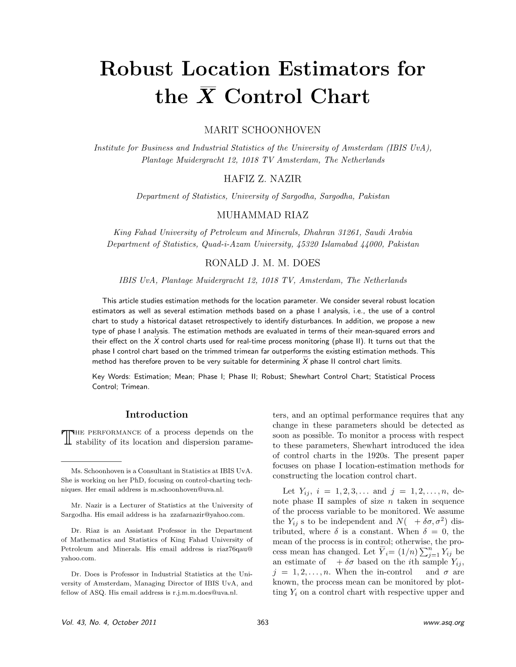 Robust Location Estimators for the X Control Chart