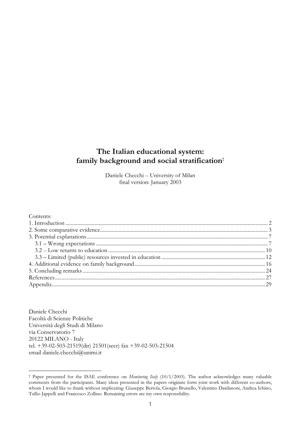 The Italian Educational System: Family Background and Social Stratification†