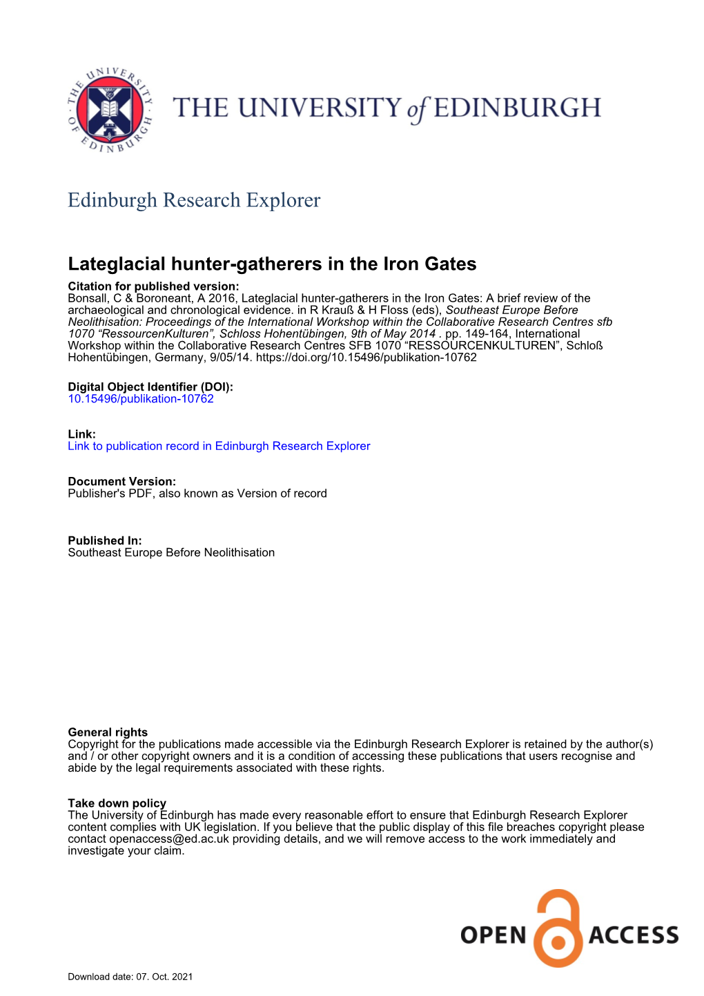 Lateglacial Hunter-Gatherers in the Iron Gates