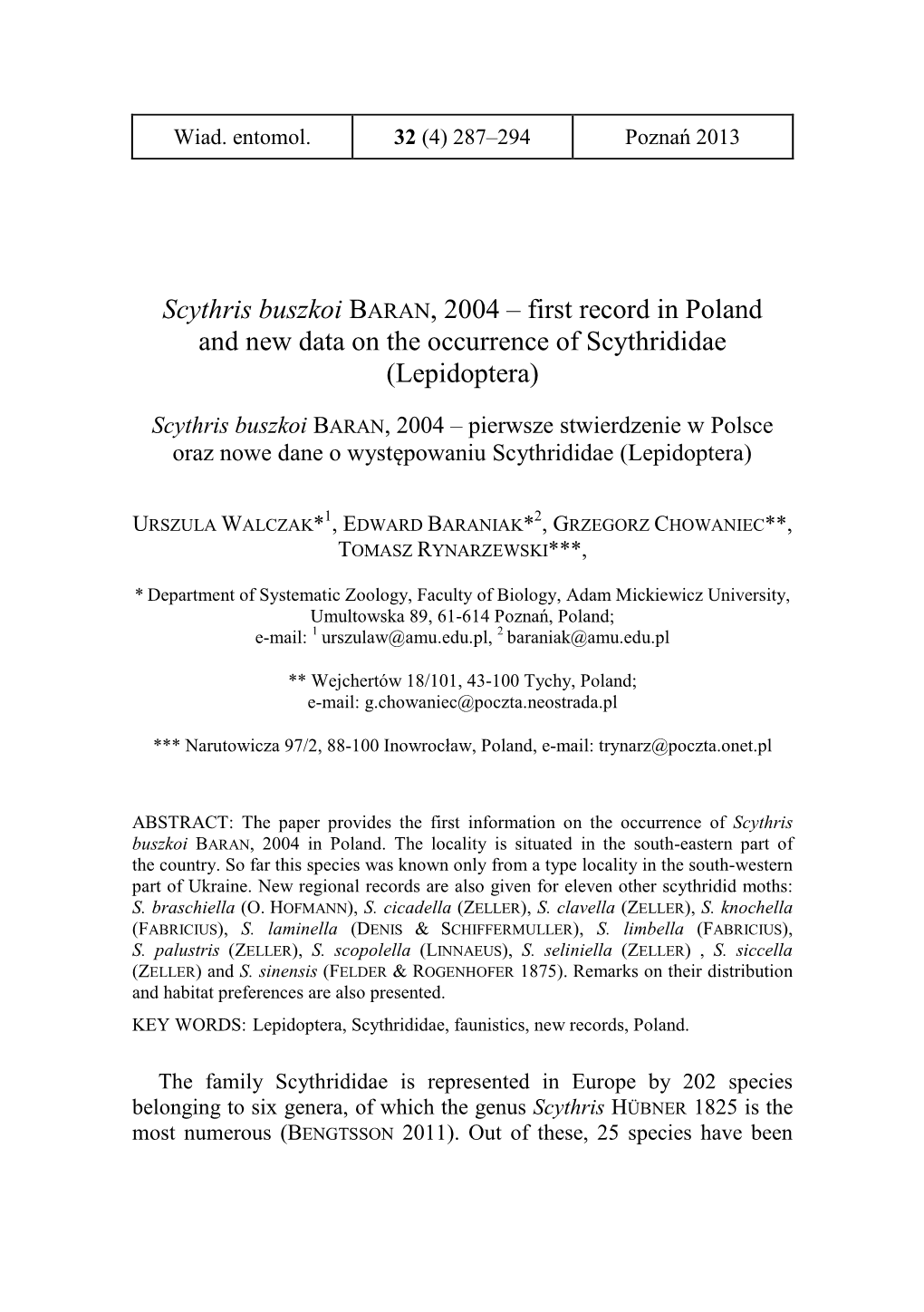 Scythris Buszkoi BARAN, 2004 – First Record in Poland and New Data on the Occurrence of Scythrididae (Lepidoptera)