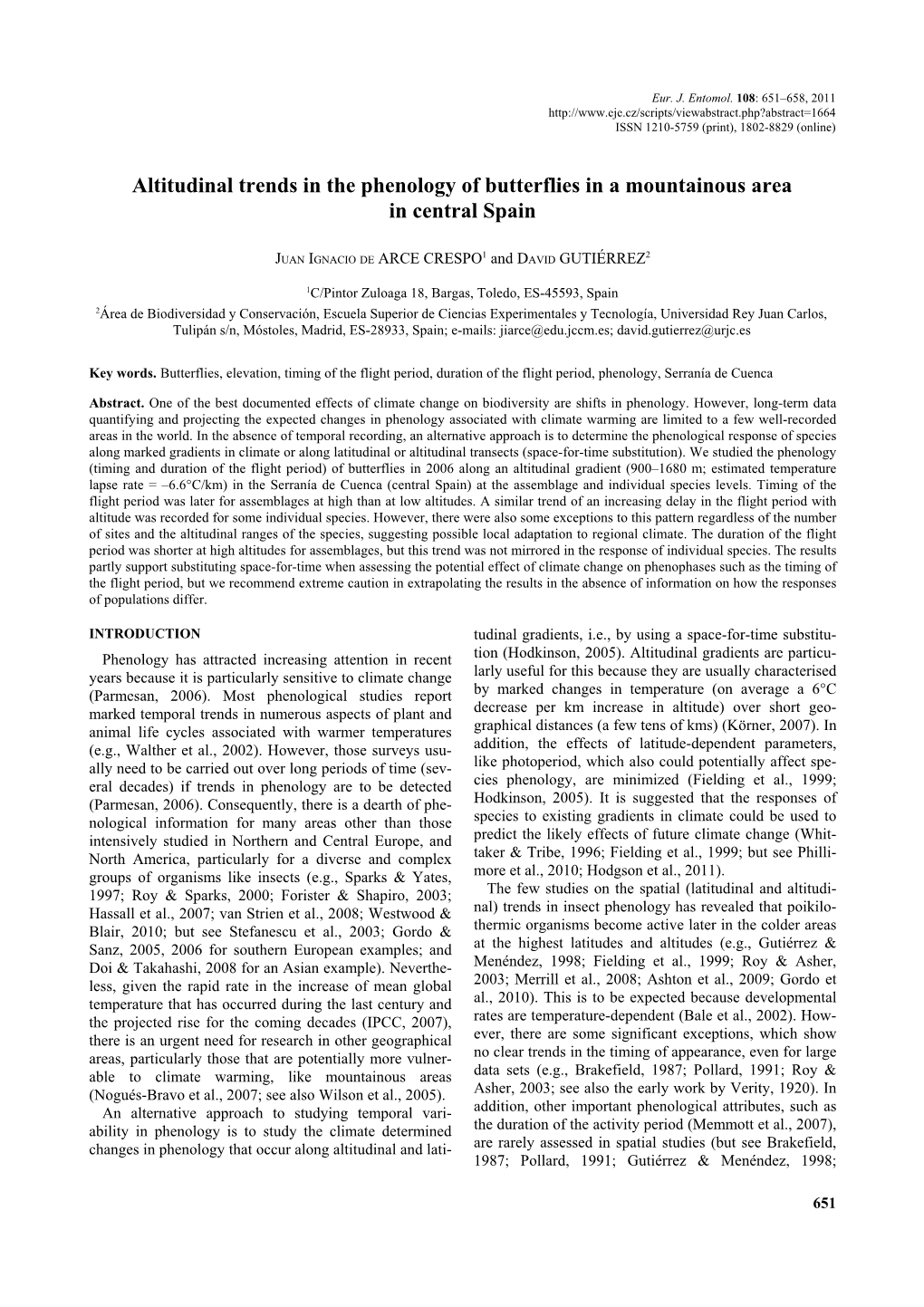 Altitudinal Trends in the Phenology of Butterflies in a Mountainous Area in Central Spain