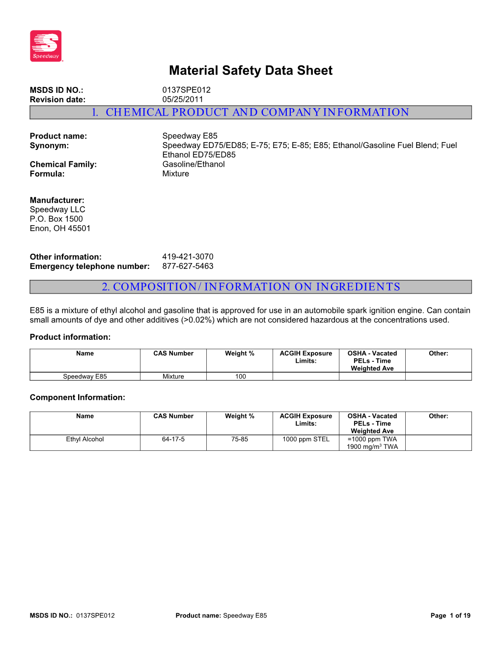 Material Safety Data Sheet (MSDS) ID NO. 0137SPE012: Speedway