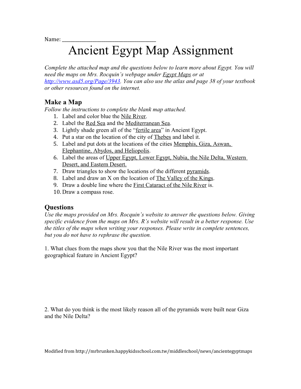 Ancient Egypt Map Assignment