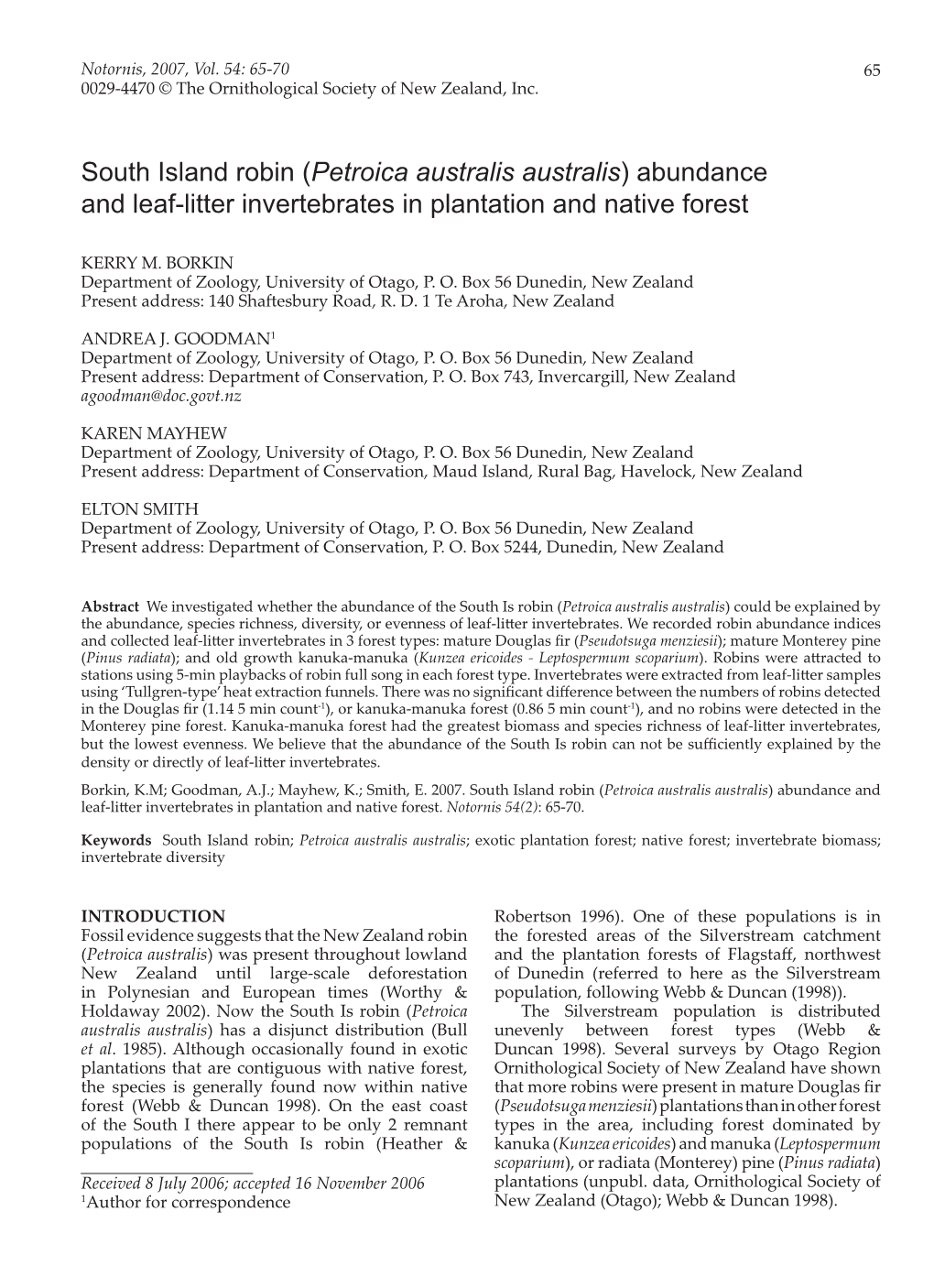 South Island Robin (Petroica Australis Australis) Abundance and Leaf-Litter Invertebrates in Plantation and Native Forest