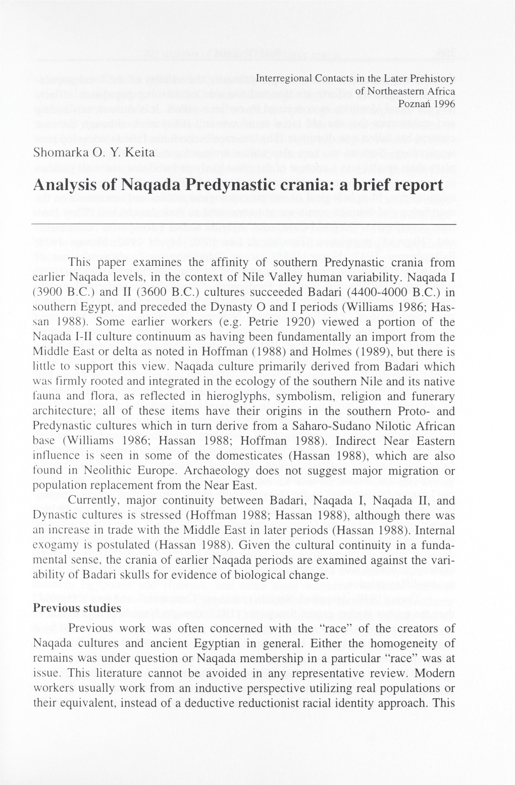 Analysis of Naqada Predynastic Crania: a Brief Report