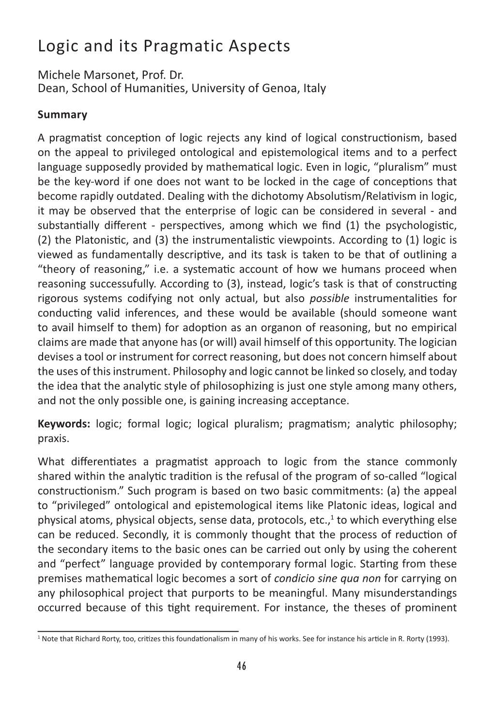 Logic and Its Pragmatic Aspects Michele Marsonet, Prof